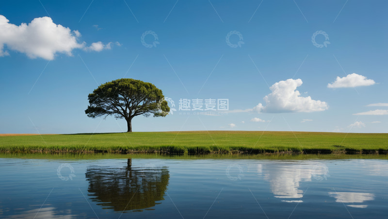高清大图下载【趣麦麦图】草原孤树与水面倒影风景