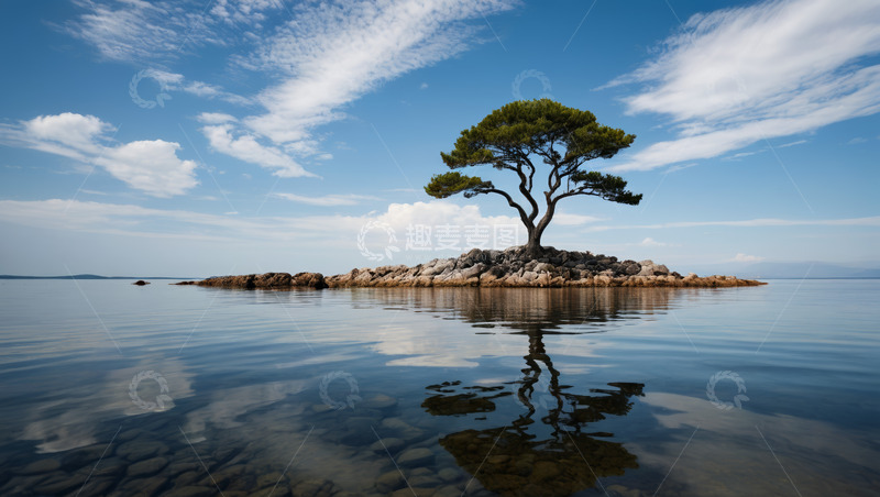 高清大图下载【趣麦麦图】湖心小岛孤树风景