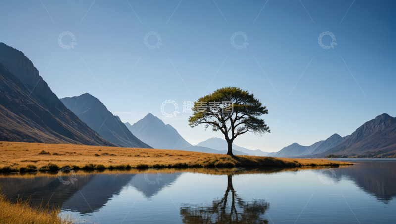 高清大图下载【趣麦麦图】湖畔孤树与远山自然风光