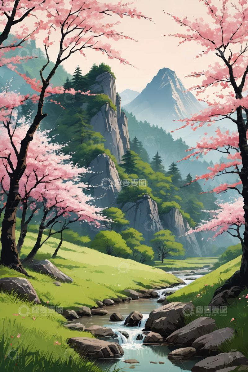 高清大图下载【趣麦麦图】山间溪流旁盛开的樱花景色