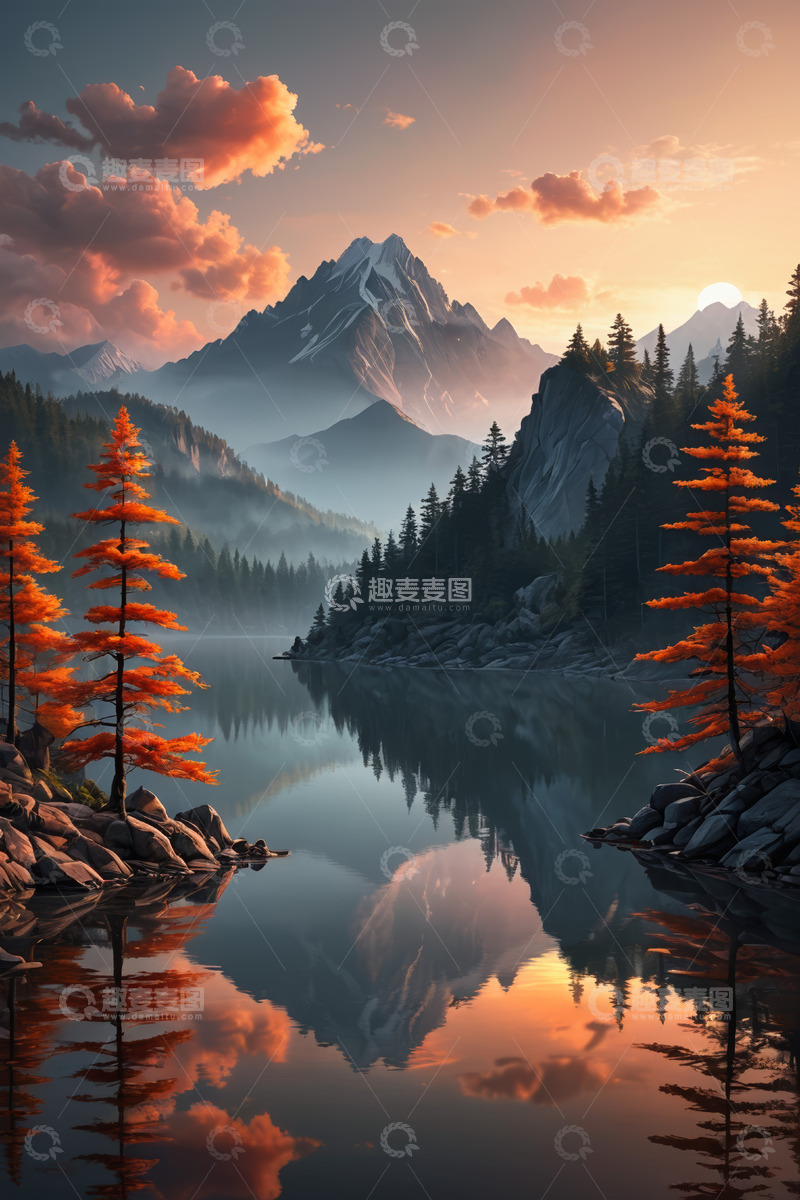 高清大图下载【趣麦麦图】山林湖泊夕照自然风光