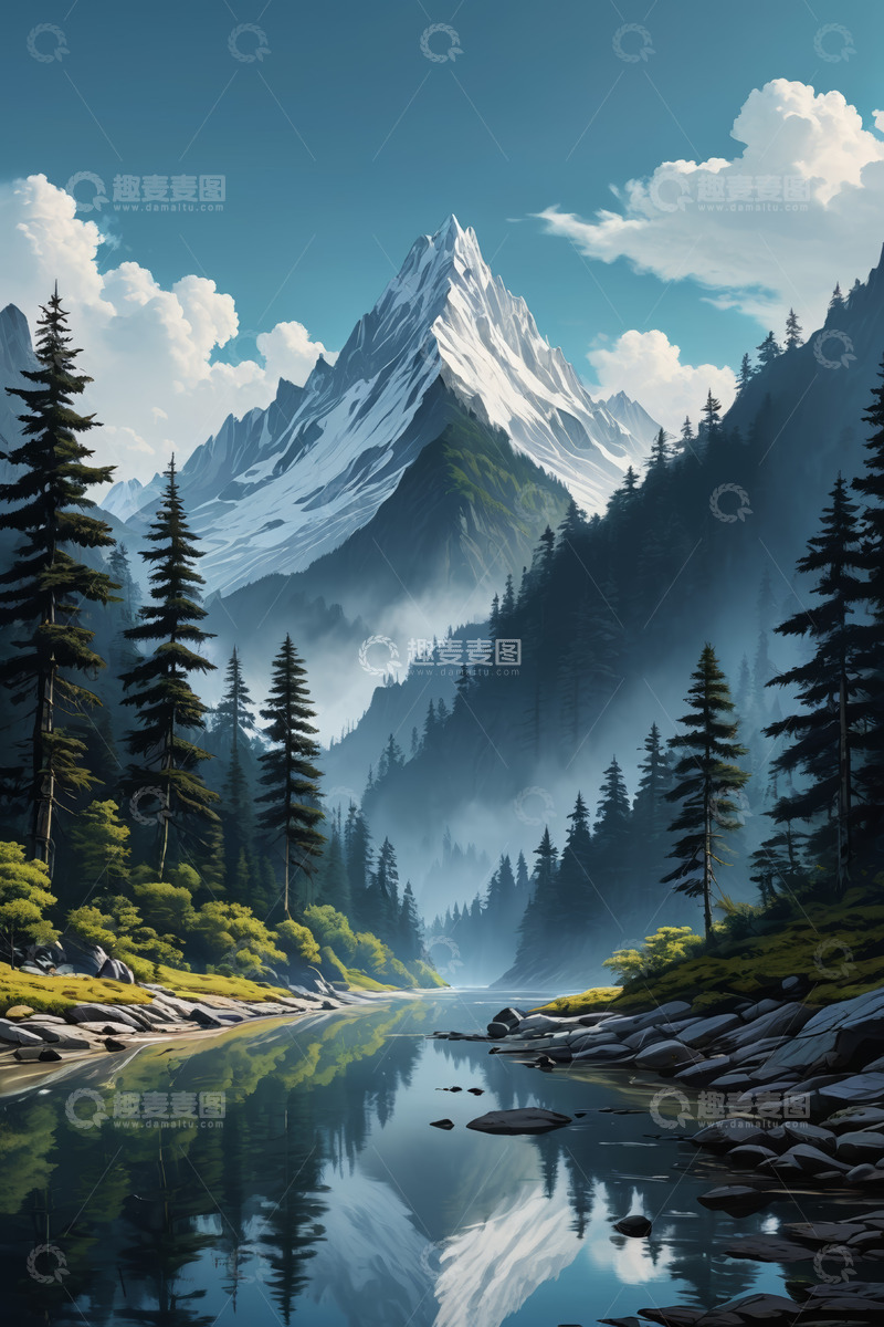 高清大图下载【趣麦麦图】雪山森林间宁静河流景观