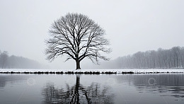 冬季湖边孤树雪景
