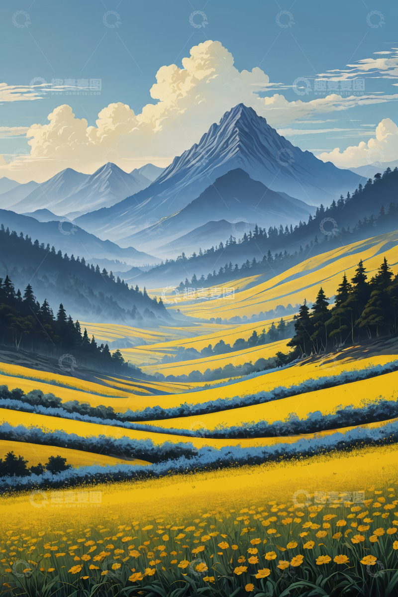 高清大图下载【趣麦麦图】山间黄色花海与森林自然风光