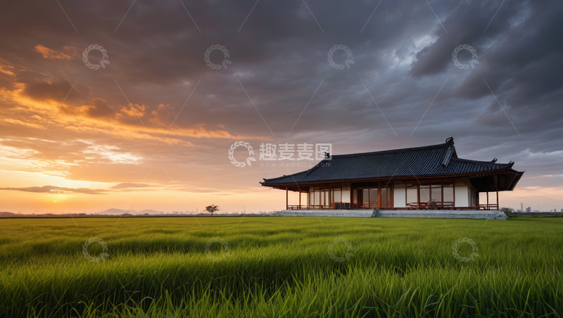 高清大图下载【趣麦麦图】田野上的中式建筑与日落景观