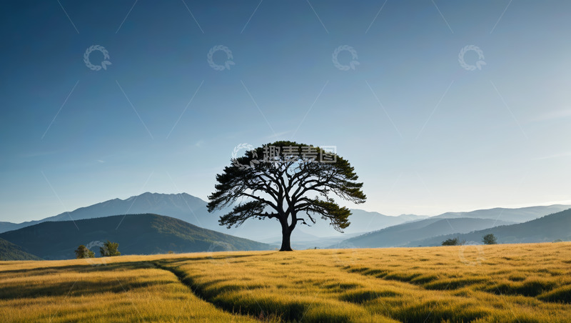 高清大图下载【趣麦麦图】旷野中孤独的大树与远山景色