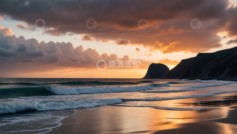 高清大图下载【趣麦麦图】海滩日落时分海浪景观