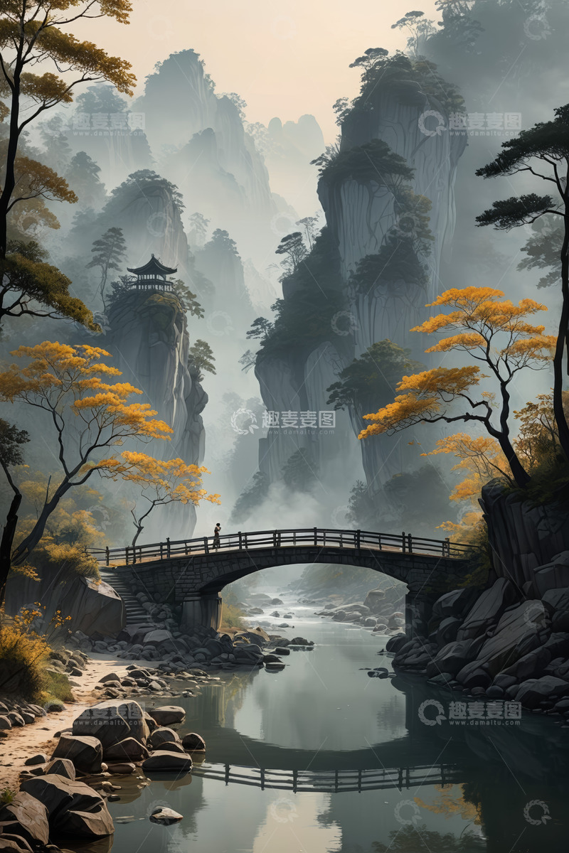 高清大图下载【趣麦麦图】中式山水风景中的古桥与行人