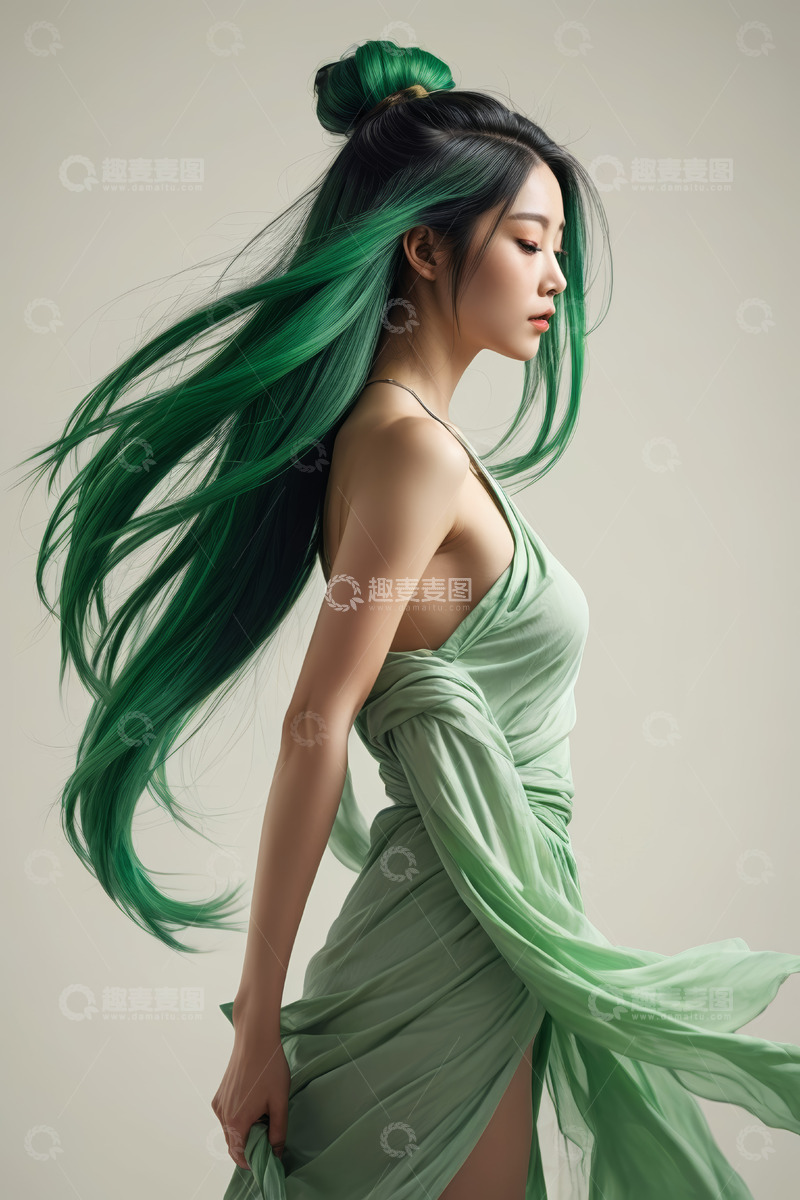 高清大图下载【趣麦麦图】绿发女子身着绿裙侧立