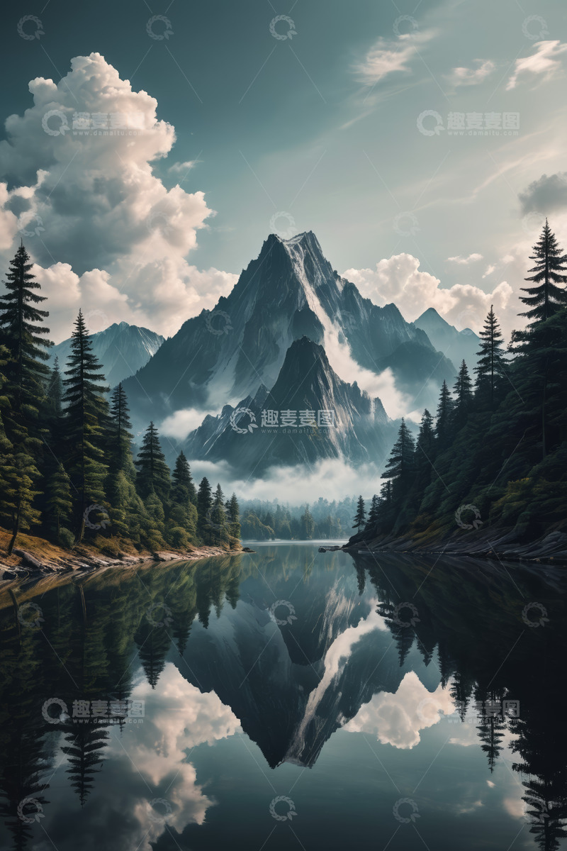 高清大图下载【趣麦麦图】山林湖泊与巍峨山峰景致