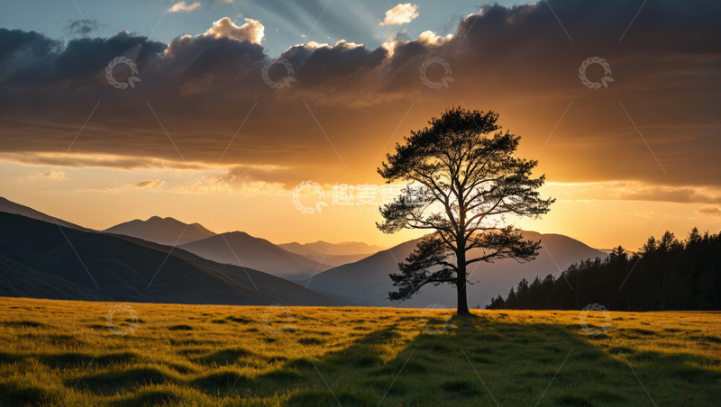 高清大图下载【趣麦麦图】草原落日下的孤树景观
