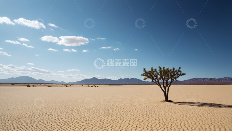 高清大图下载【趣麦麦图】沙漠中孤树与远处山脉景观