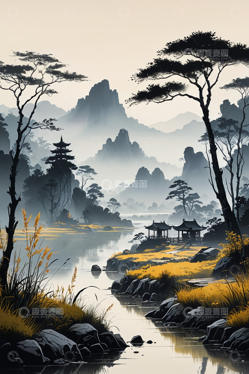 高清大图下载【趣麦麦图】中式山水风景插画