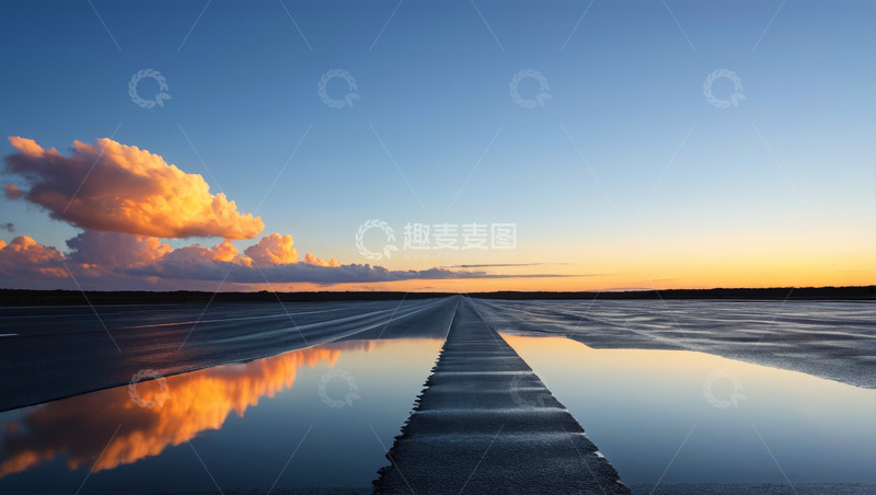 高清大图下载【趣麦麦图】夕阳下反光路面与天空云彩
