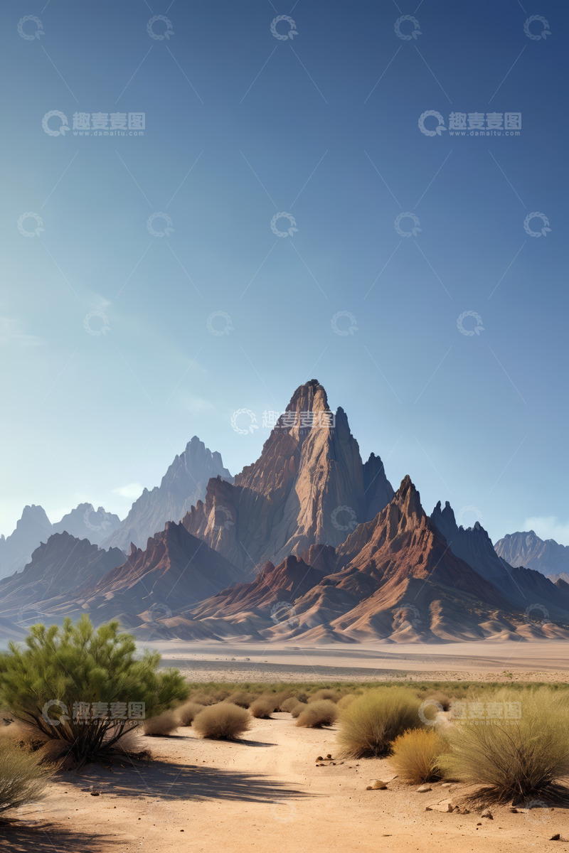 高清大图下载【趣麦麦图】沙漠中的山脉与植被景观