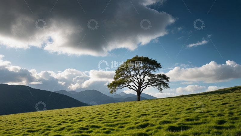 高清大图下载【趣麦麦图】草原上孤独的树与蓝天白云