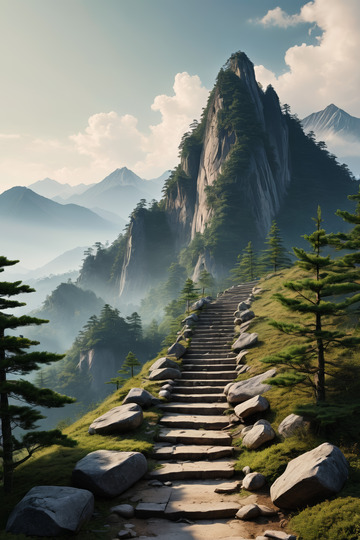 山间石阶与巍峨山峰风景