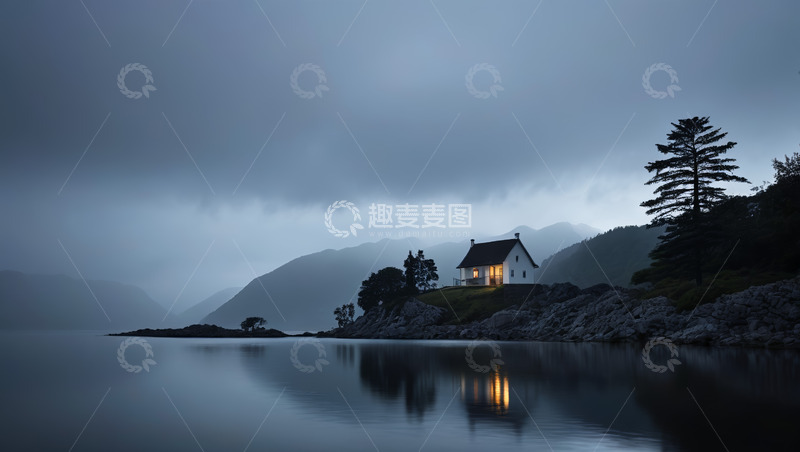高清大图下载【趣麦麦图】湖畔小屋与远山暮色景观