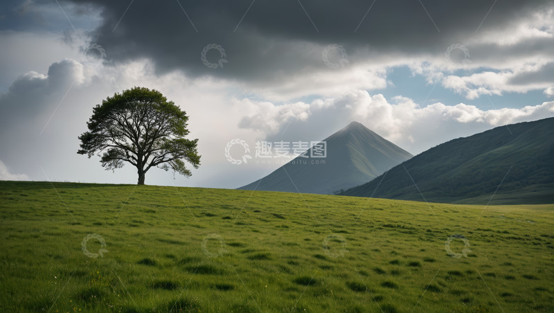 高清大图下载【趣麦麦图】草原上孤树与远山风景