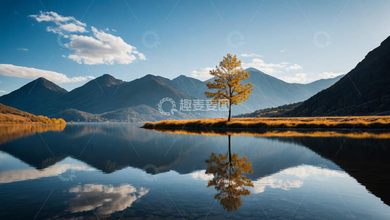 高清大图下载【趣麦麦图】湖畔孤树与远山倒影风景
