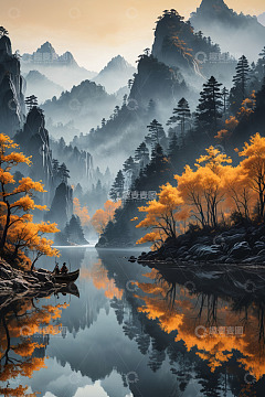 山水间小船与秋景风光