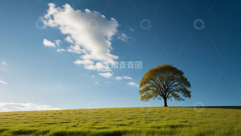 高清大图下载【趣麦麦图】草原上的孤树与蓝天白云