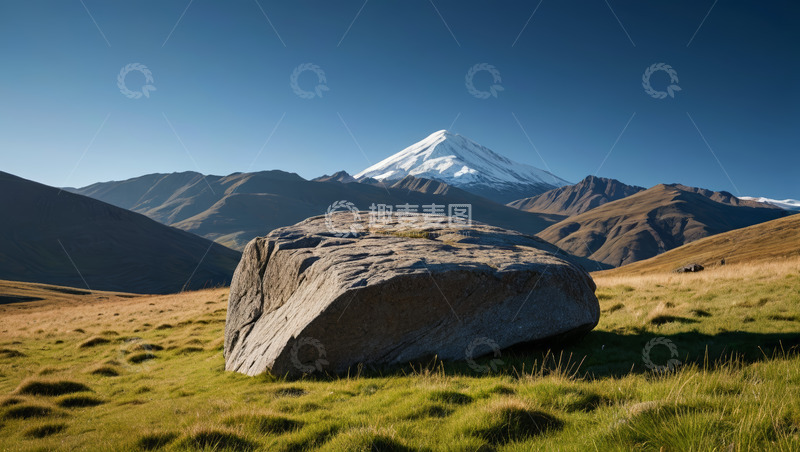 高清大图下载【趣麦麦图】草原上的巨石与远处雪山景观