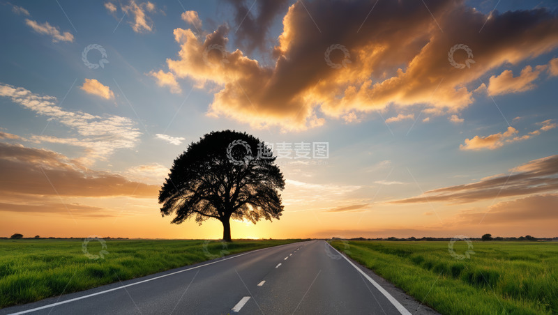 高清大图下载【趣麦麦图】田野道路旁的孤树日落景观