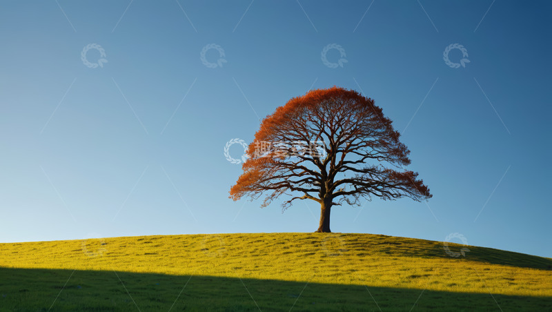 高清大图下载【趣麦麦图】山丘上的红色孤树风景