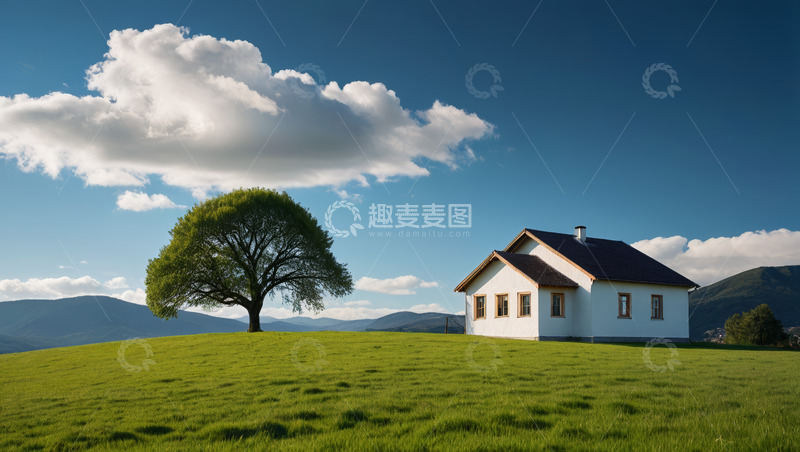 高清大图下载【趣麦麦图】草原上的独栋小屋与大树