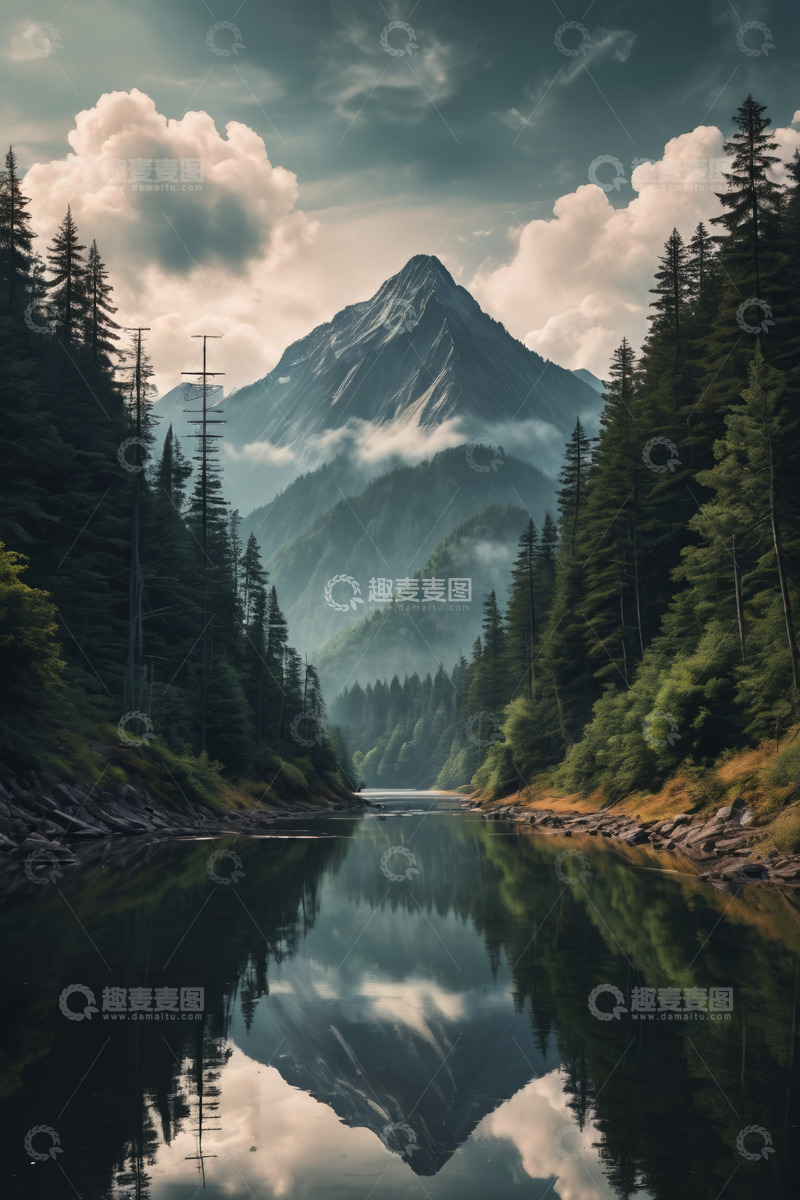 高清大图下载【趣麦麦图】山林间河流与远山风景