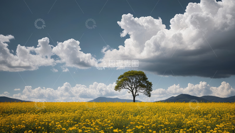 高清大图下载【趣麦麦图】黄色花田中的孤树与蓝天