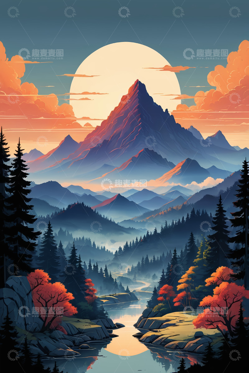 高清大图下载【趣麦麦图】夕阳下的山林河流景观