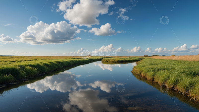 高清大图下载【趣麦麦图】草原河流蓝天白云自然景观