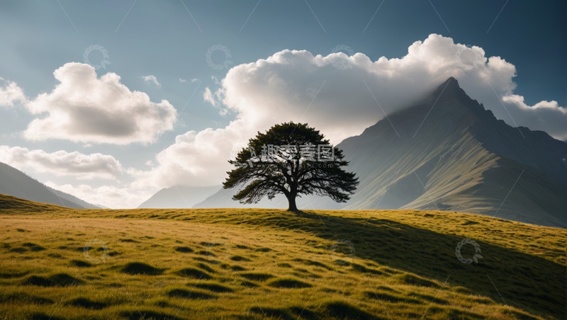 高清大图下载【趣麦麦图】草原上的孤树与远山风景
