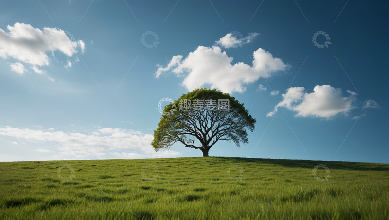 高清大图下载【趣麦麦图】草原上孤立的绿树与蓝天