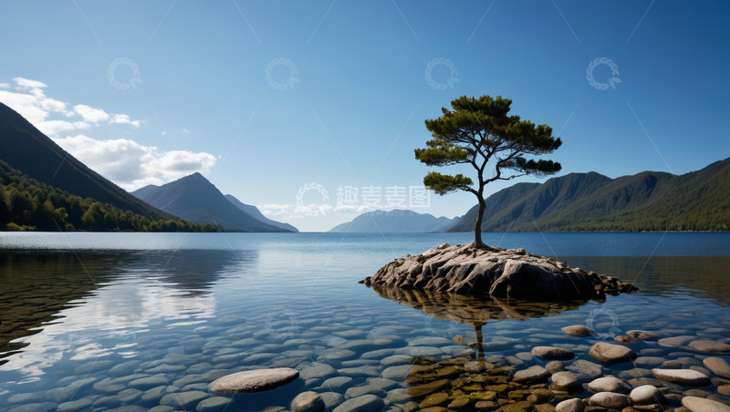 高清大图下载【趣麦麦图】湖心小岛松树自然风光