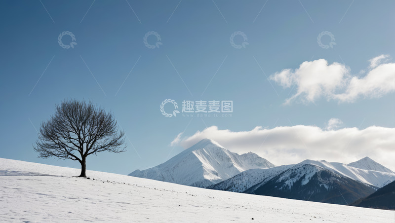 高清大图下载【趣麦麦图】雪地上的孤树与雪山远景