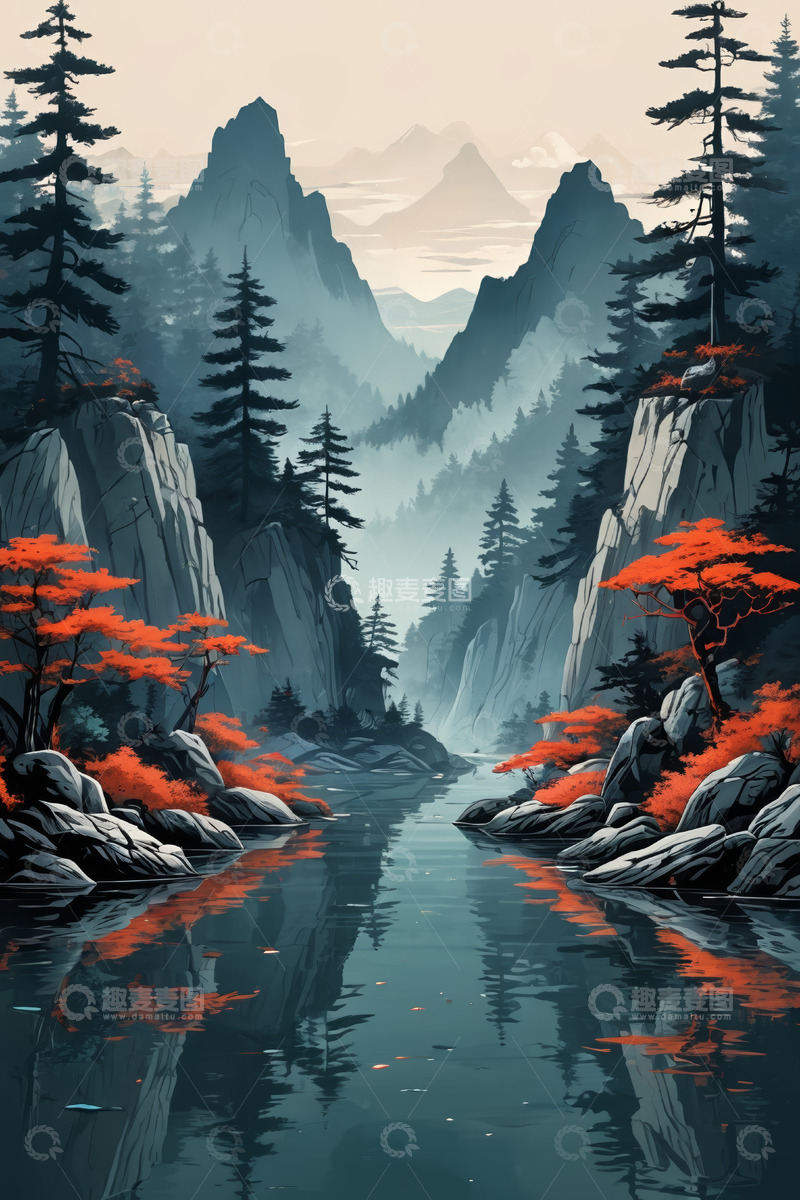 高清大图下载【趣麦麦图】山林间的河流与红叶景观