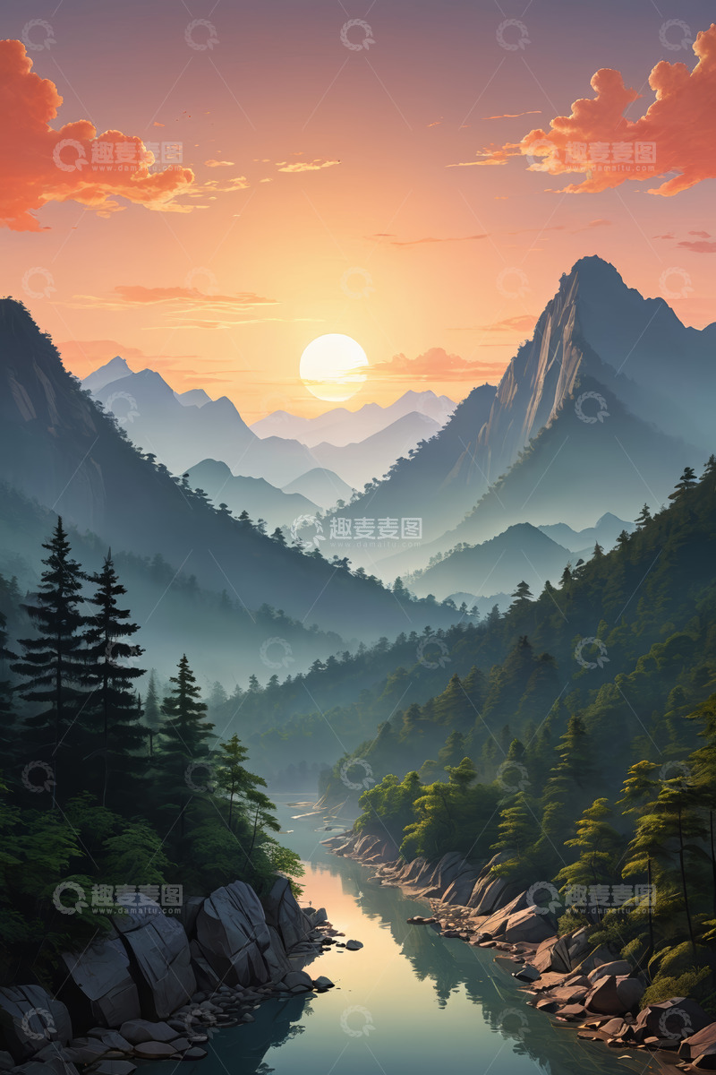 高清大图下载【趣麦麦图】山间日落自然风光