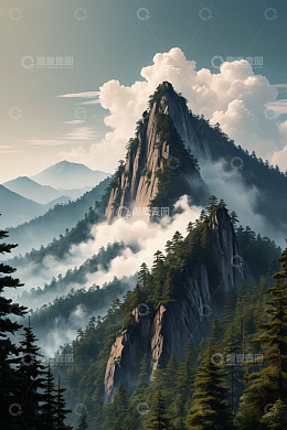 云雾缭绕的高山森林景观