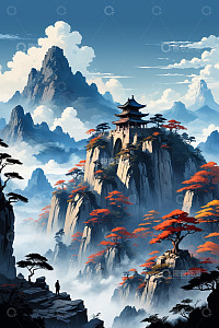 中式古风山水间楼阁与人物
