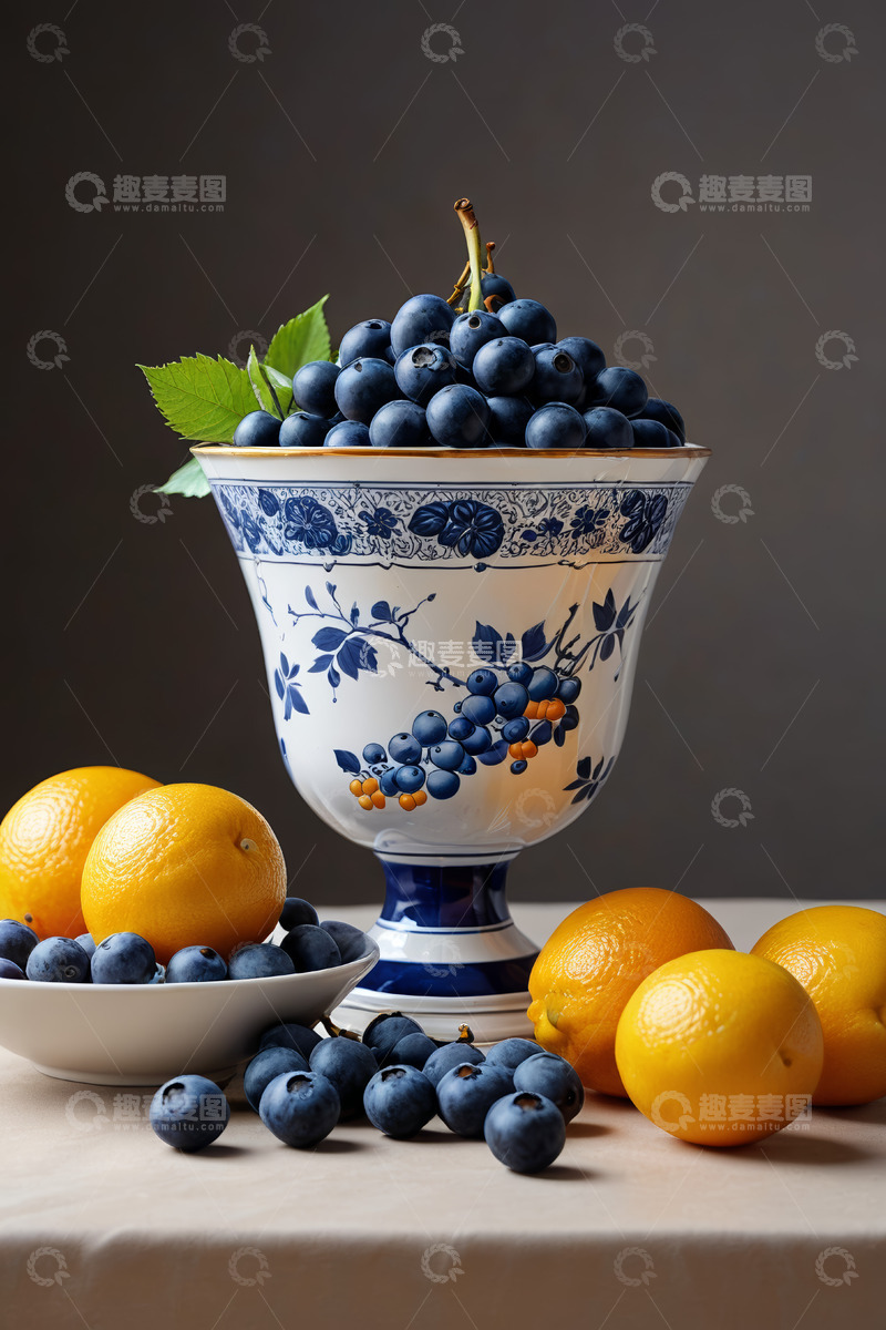 高清大图下载【趣麦麦图】青花瓷果盘盛放蓝莓与橙子