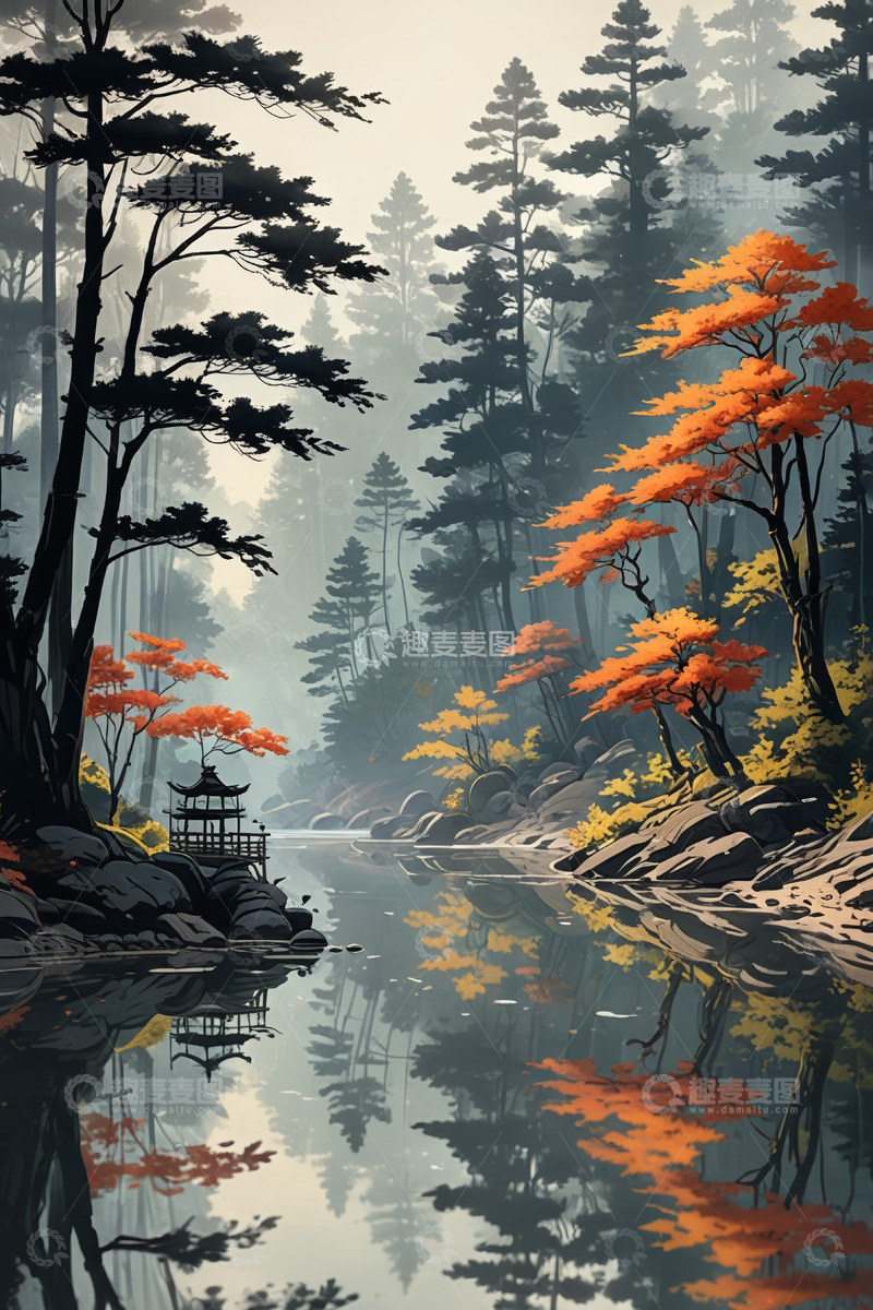 高清大图下载【趣麦麦图】山林间湖畔中式亭台风景