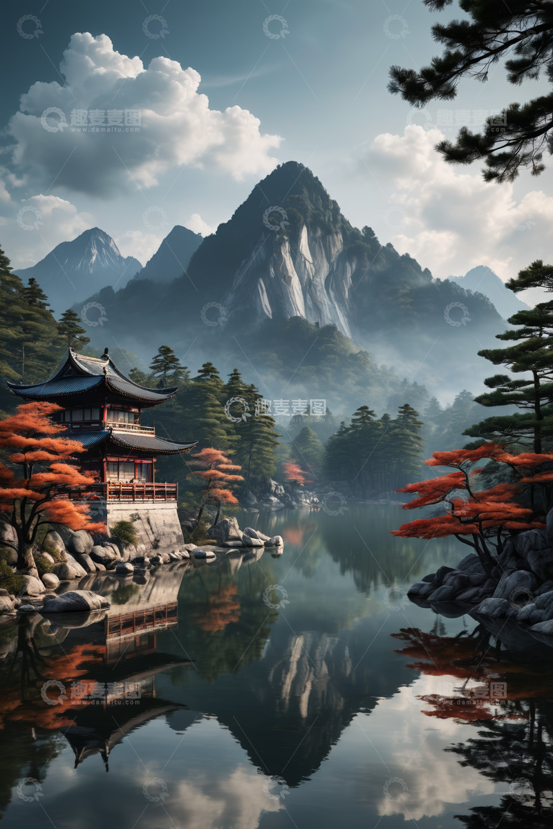 高清大图下载【趣麦麦图】山水间中式楼阁风景