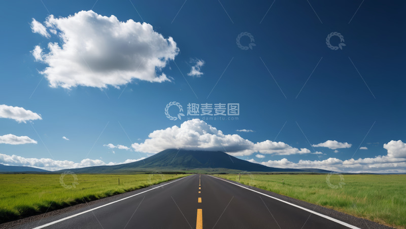 高清大图下载【趣麦麦图】开阔道路与远处山峦风景