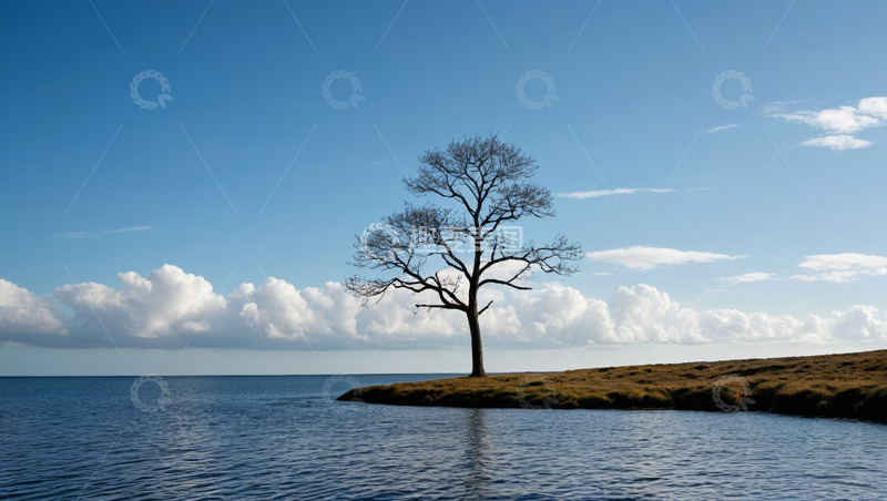 高清大图下载【趣麦麦图】湖畔孤树与蓝天白云风景