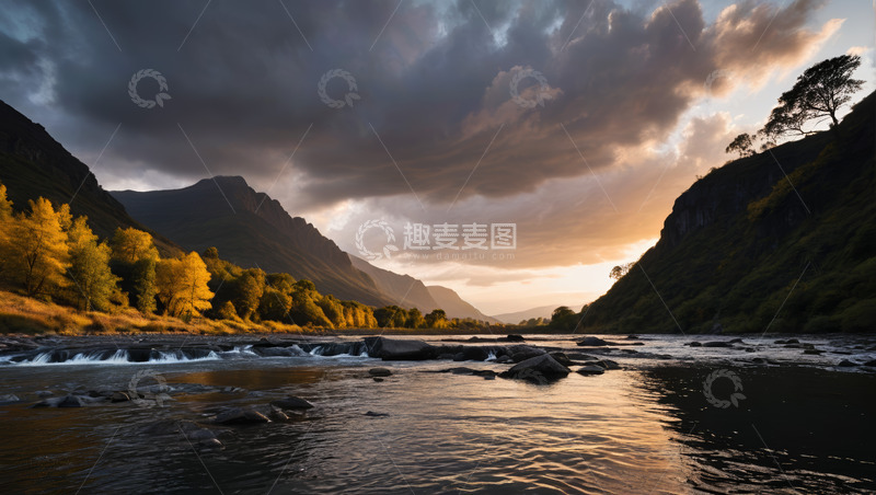 高清大图下载【趣麦麦图】山河间黄昏时分的自然景观