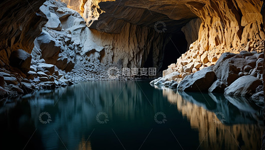 洞穴内静谧水面与岩石景观