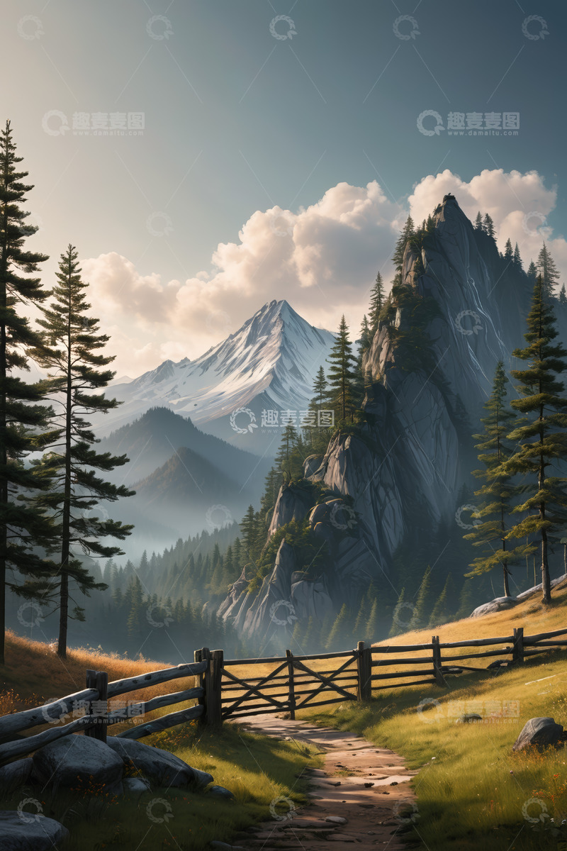 高清大图下载【趣麦麦图】山间木栅栏与松树林风景